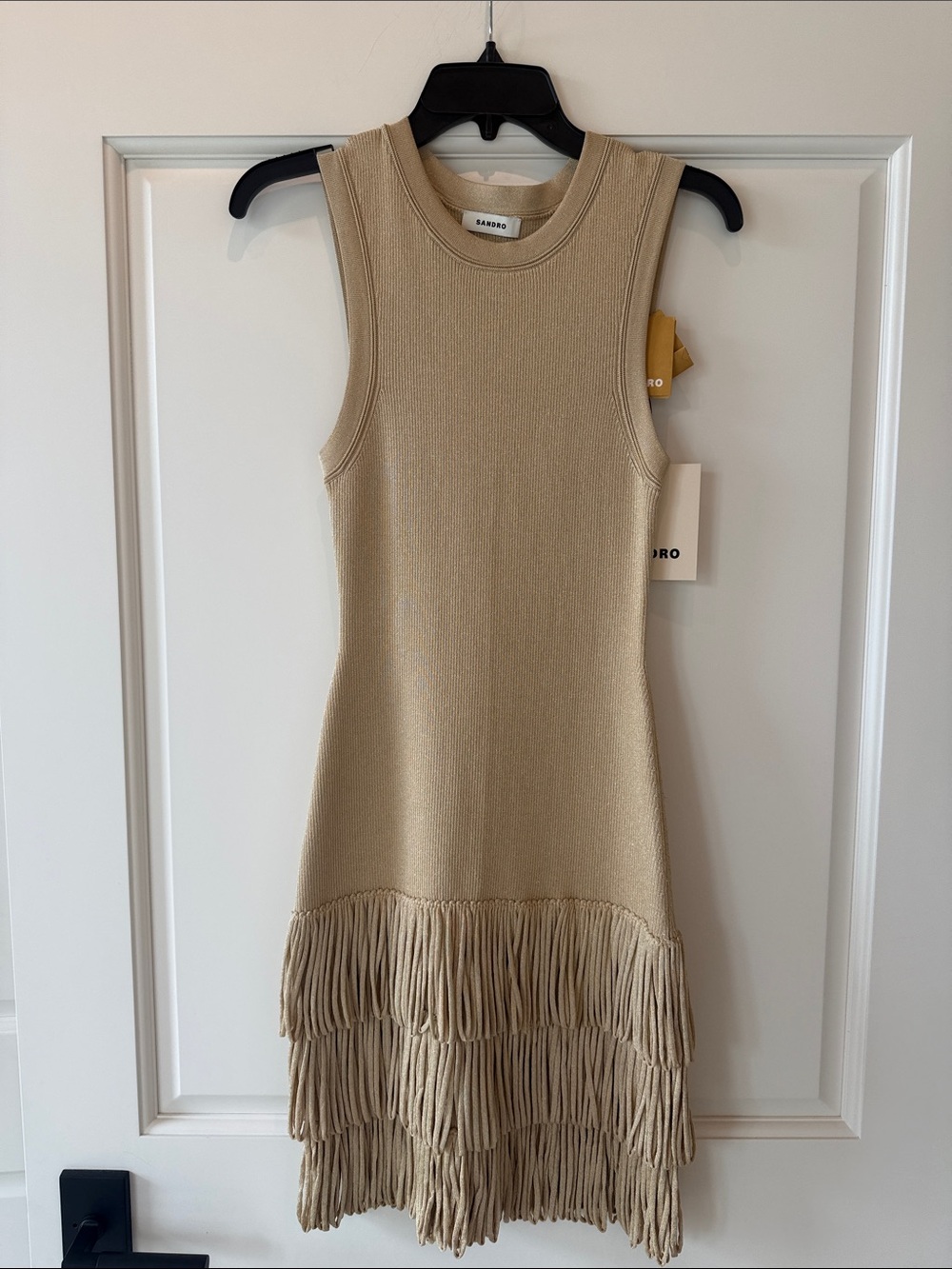 Sandro Gold Sleeveless Fringe-Hem Knit Mini Dress -NWT Size 38 US Size 6